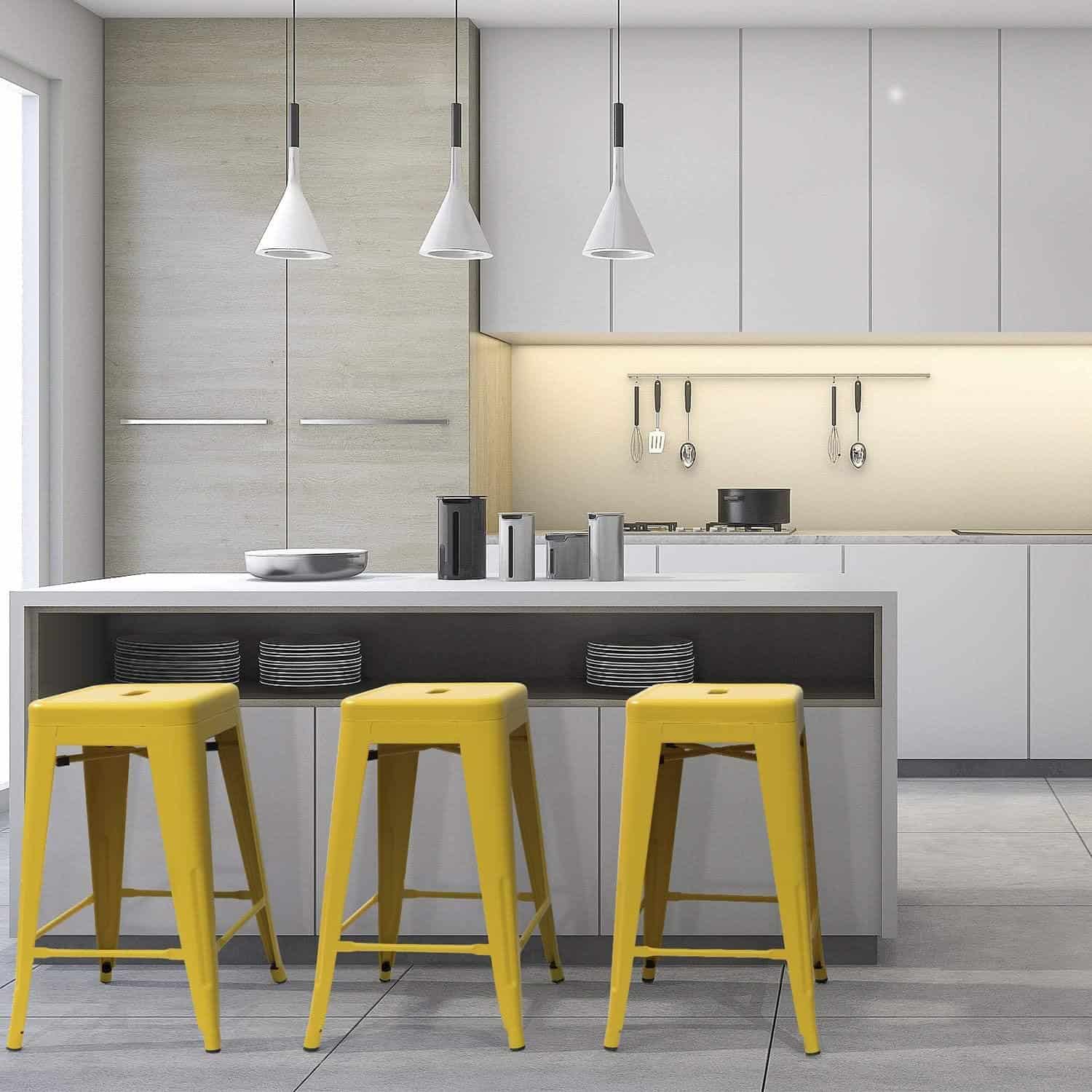 Yellow Metal Stacking Backless Barstools for Indoor Outdoor Use (Set of 4) 2 Yellow Metal Stacking Backless Barstools for Indoor Outdoor Use (Set of 4) - Image 2