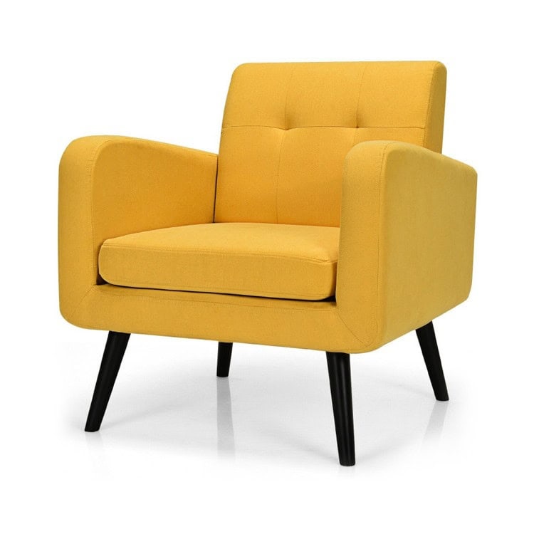 Mid-Century Modern Yellow Linen Accent Chair with Wooden Legs 1 Mid-Century Modern Yellow Linen Accent Chair with Wooden Legs