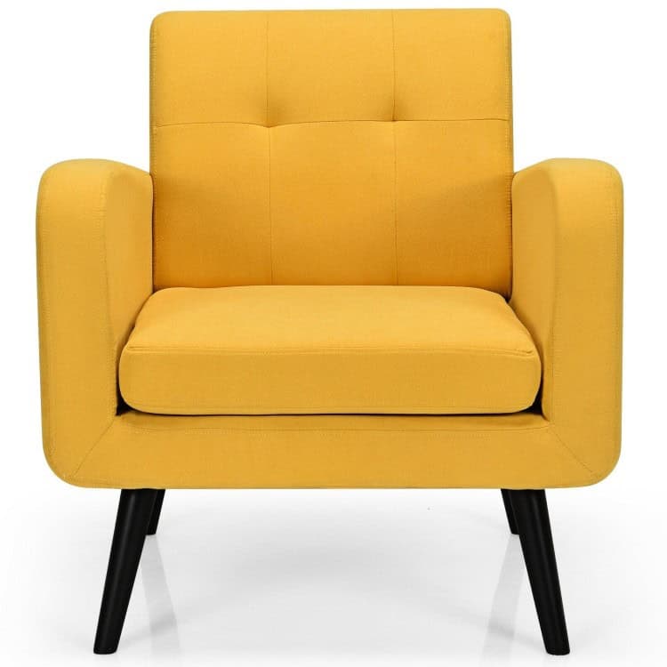 Mid-Century Modern Yellow Linen Accent Chair with Wooden Legs 2 Mid-Century Modern Yellow Linen Accent Chair with Wooden Legs - Image 2