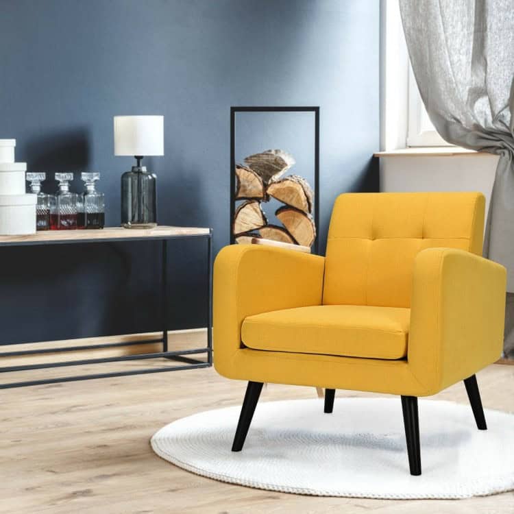 Mid-Century Modern Yellow Linen Accent Chair with Wooden Legs 3 Mid-Century Modern Yellow Linen Accent Chair with Wooden Legs - Image 3