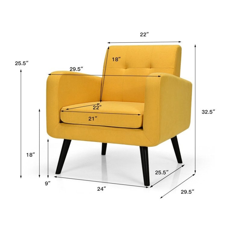 Mid-Century Modern Yellow Linen Accent Chair with Wooden Legs 4 Mid-Century Modern Yellow Linen Accent Chair with Wooden Legs - Image 4