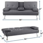Modern Grey Faux Leather Futon Sofa Bed with Cup Holder