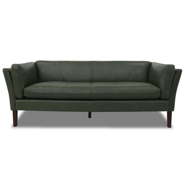 Green Leather Sofa with Walnut Frame and Vintage Patina