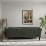 Green Leather Sofa with Walnut Frame and Vintage Patina