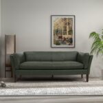 Green Leather Sofa with Walnut Frame and Vintage Patina