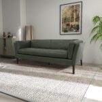 Green Leather Sofa with Walnut Frame and Vintage Patina