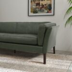 Green Leather Sofa with Walnut Frame and Vintage Patina