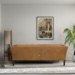 Tan Leather Sofa with Walnut Legs and Compact Design