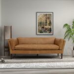 Tan Leather Sofa with Walnut Legs and Compact Design