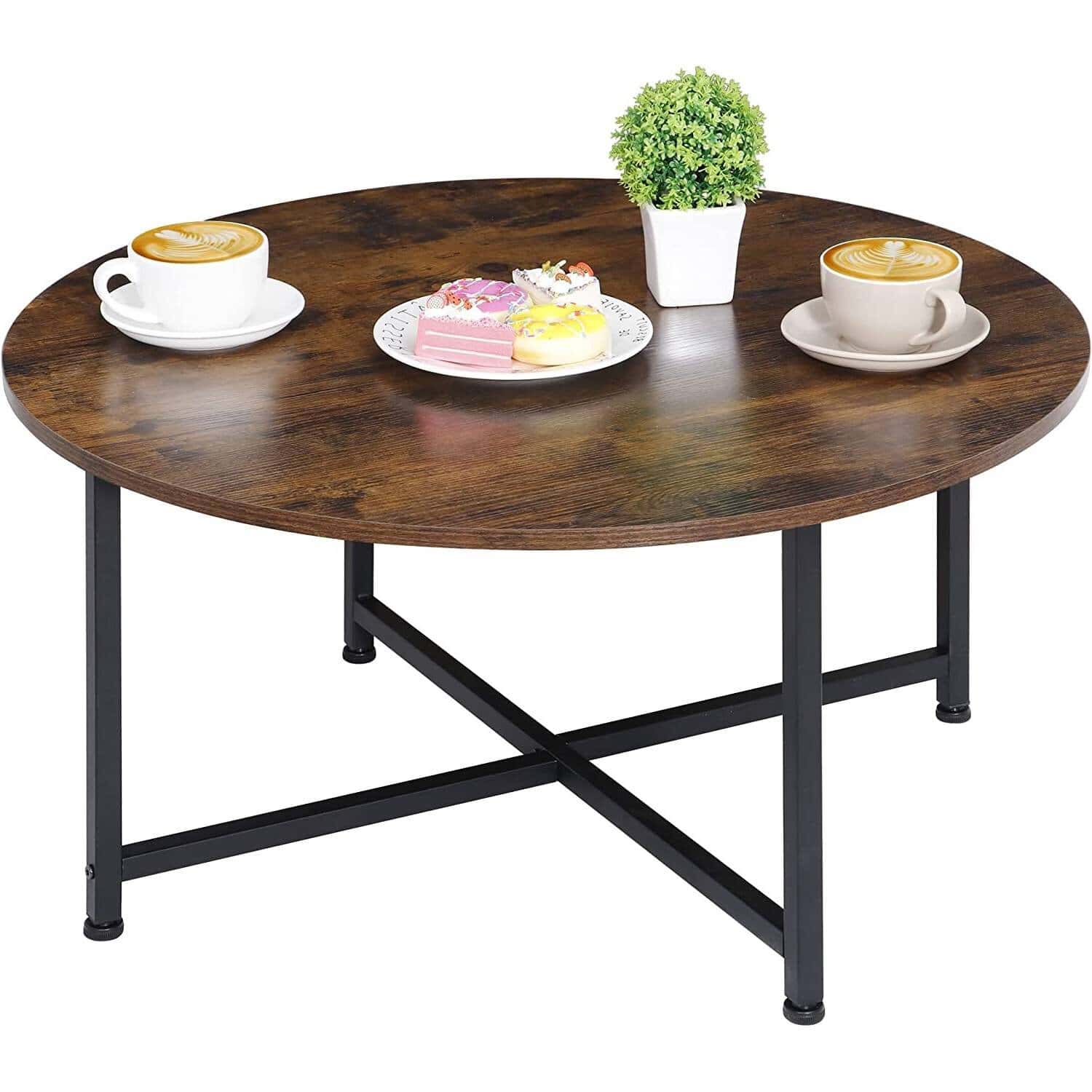 Rustic Industrial Round Coffee Table with Brown Wood Top 1 Rustic Industrial Round Coffee Table with Brown Wood Top