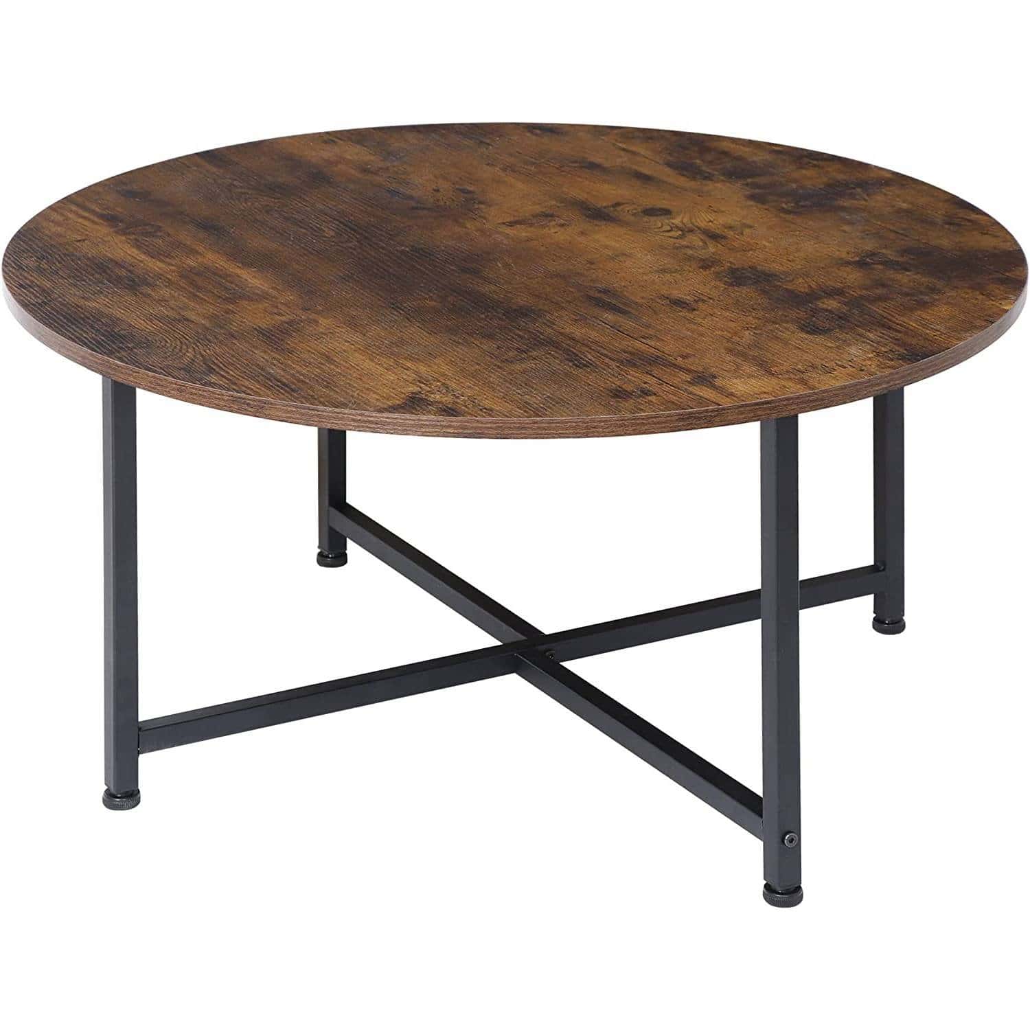 Rustic Industrial Round Coffee Table with Brown Wood Top 2 Rustic Industrial Round Coffee Table with Brown Wood Top - Image 2