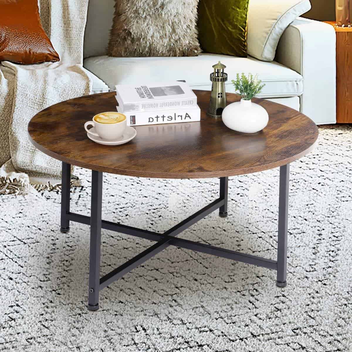 Rustic Industrial Round Coffee Table with Brown Wood Top 3 Rustic Industrial Round Coffee Table with Brown Wood Top - Image 3