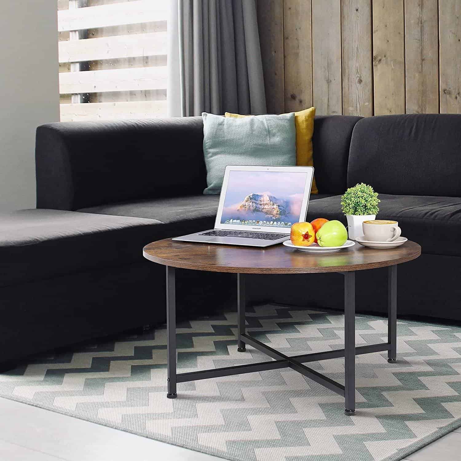 Rustic Industrial Round Coffee Table with Brown Wood Top 4 Rustic Industrial Round Coffee Table with Brown Wood Top - Image 4