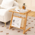 Natural Bamboo Z-Shaped End Table with Glass Top