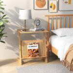 Natural Bamboo Z-Shaped End Table with Glass Top