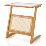 Natural Bamboo Z-Shaped End Table with Glass Top