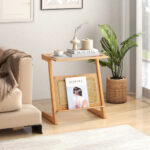 Natural Bamboo Z-Shaped End Table with Glass Top