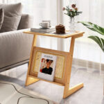 Natural Bamboo Z-Shaped End Table with Glass Top