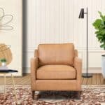 Tan Leather Mid-Century Modern Armchair with Walnut-Finished Legs