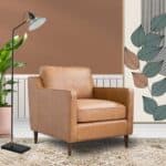 Tan Leather Mid-Century Modern Armchair with Walnut-Finished Legs