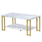 Modern 2-Tier Coffee Table with Gold Print Metal Frame