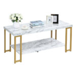 Modern 2-Tier Coffee Table with Gold Print Metal Frame