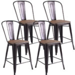 Industrial Metal Counter Stools with Elmwood Seats and Backrests (Set of 4)