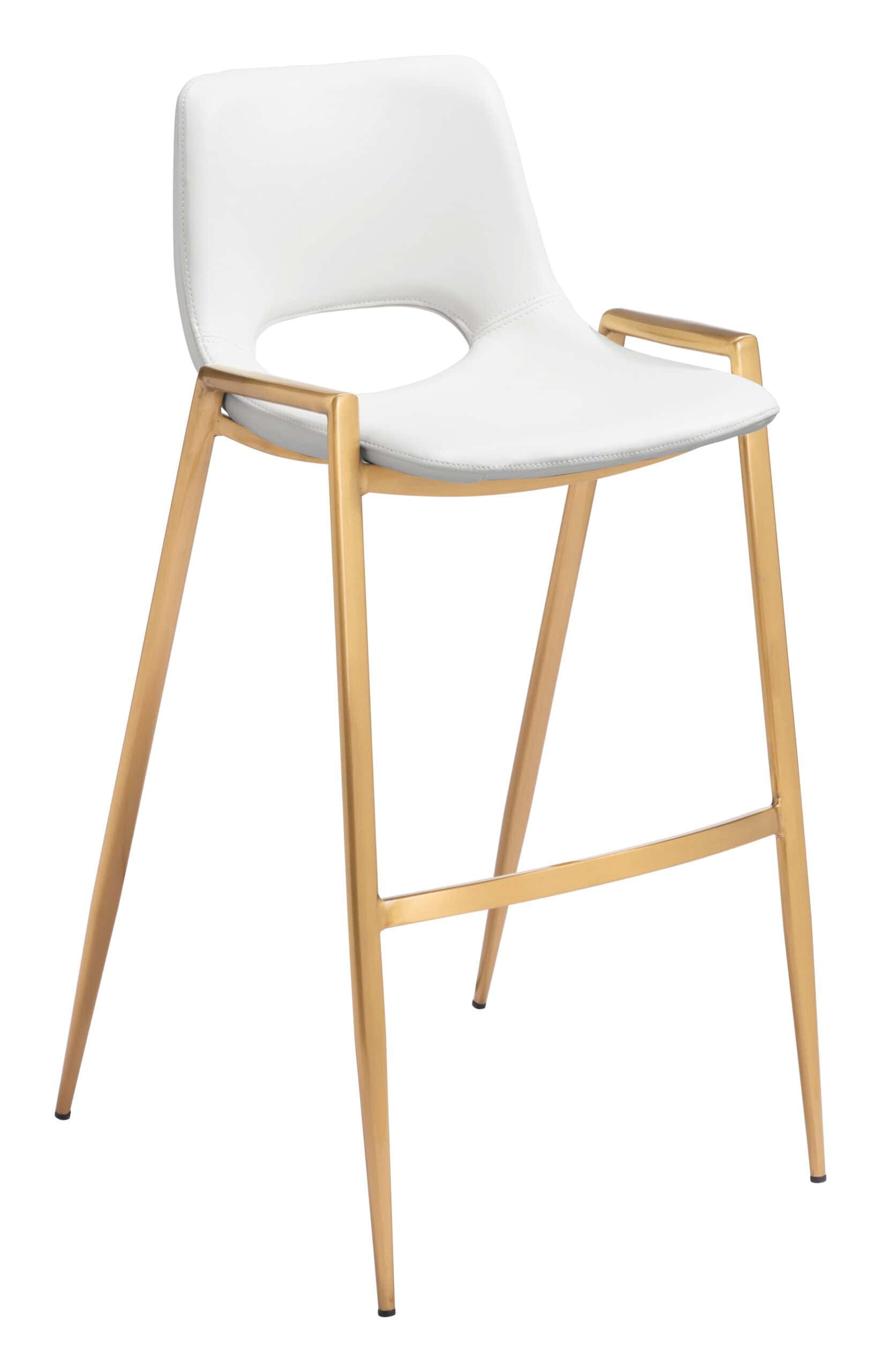 White & Gold Mid-Century Modern Barstool with Faux Leather (Set of 2)