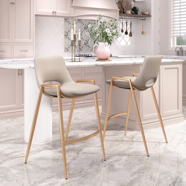 Beige and Gold Mid-Century Modern Counter Stool with Footrest (Set of 2)