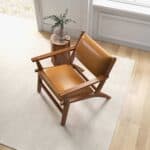 Tan Leather Mid-Century Modern Lounge Chair With Walnut Legs and Square Arms 12 Tan Leather Mid-Century Modern Lounge Chair With Walnut Legs and Square Arms