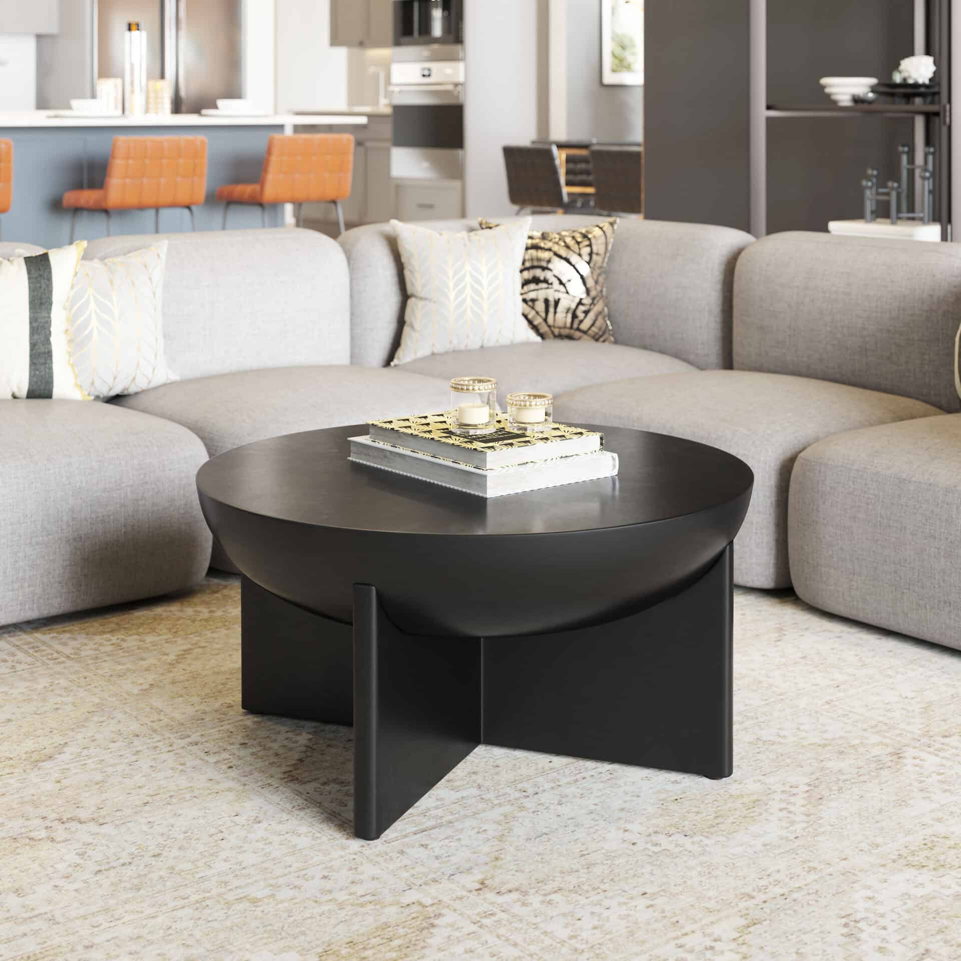 Black Mango Wood Coffee Table with Round Top and Rubber Feet 1 Black Mango Wood Coffee Table with Round Top and Rubber Feet