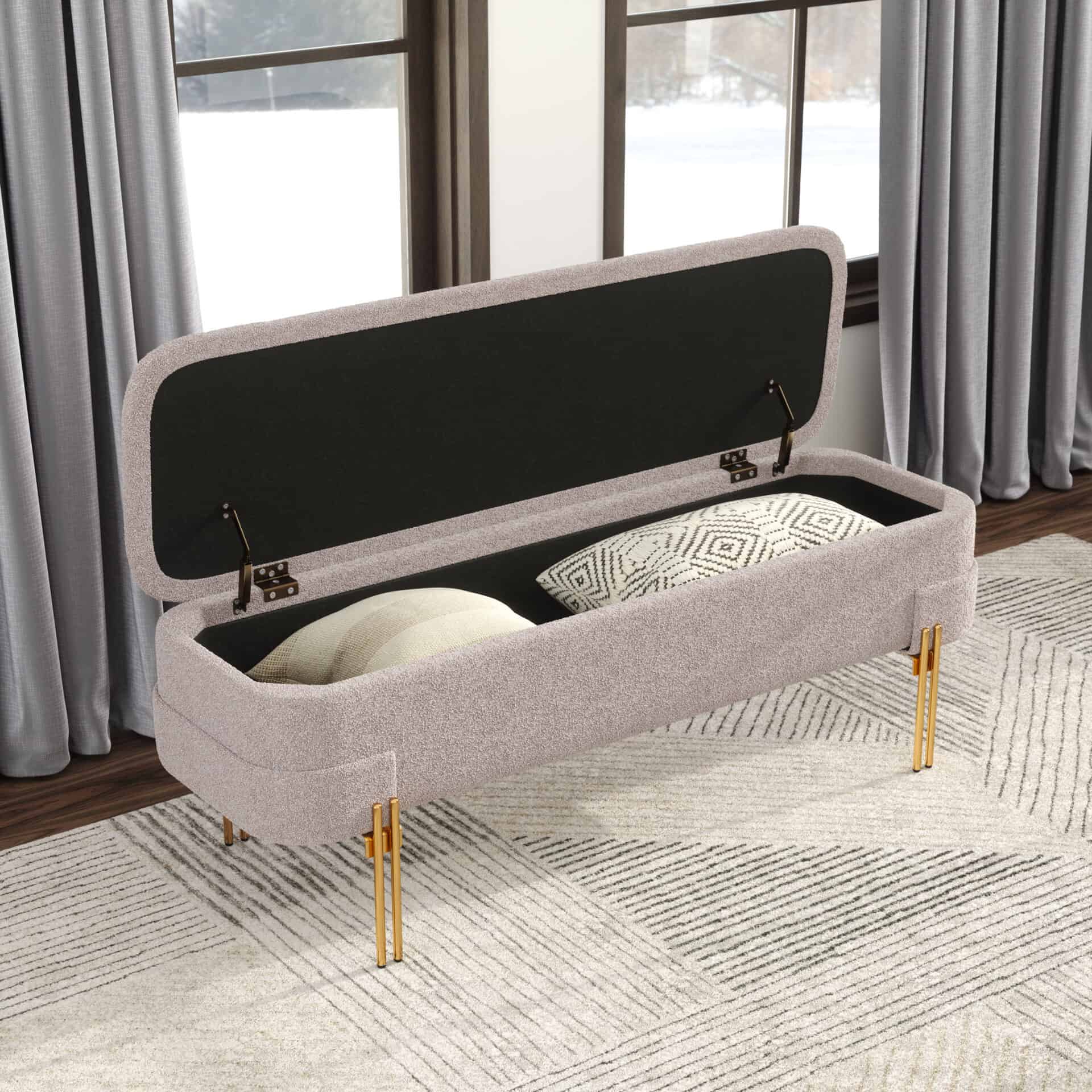 Oatmeal Beige Storage Bench with Hidden Compartment and Steel Legs 2 Oatmeal Beige Storage Bench with Hidden Compartment and Steel Legs - Image 2