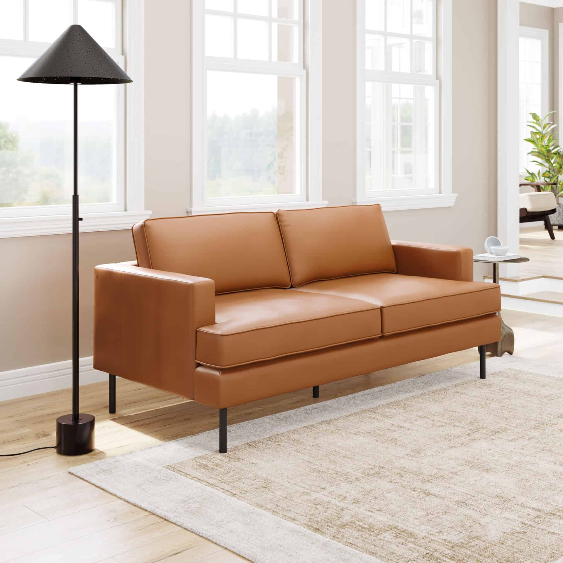 Modern Brown Faux Leather Sofa with Powder Coated Steel Legs 1 Modern Brown Faux Leather Sofa with Powder Coated Steel Legs