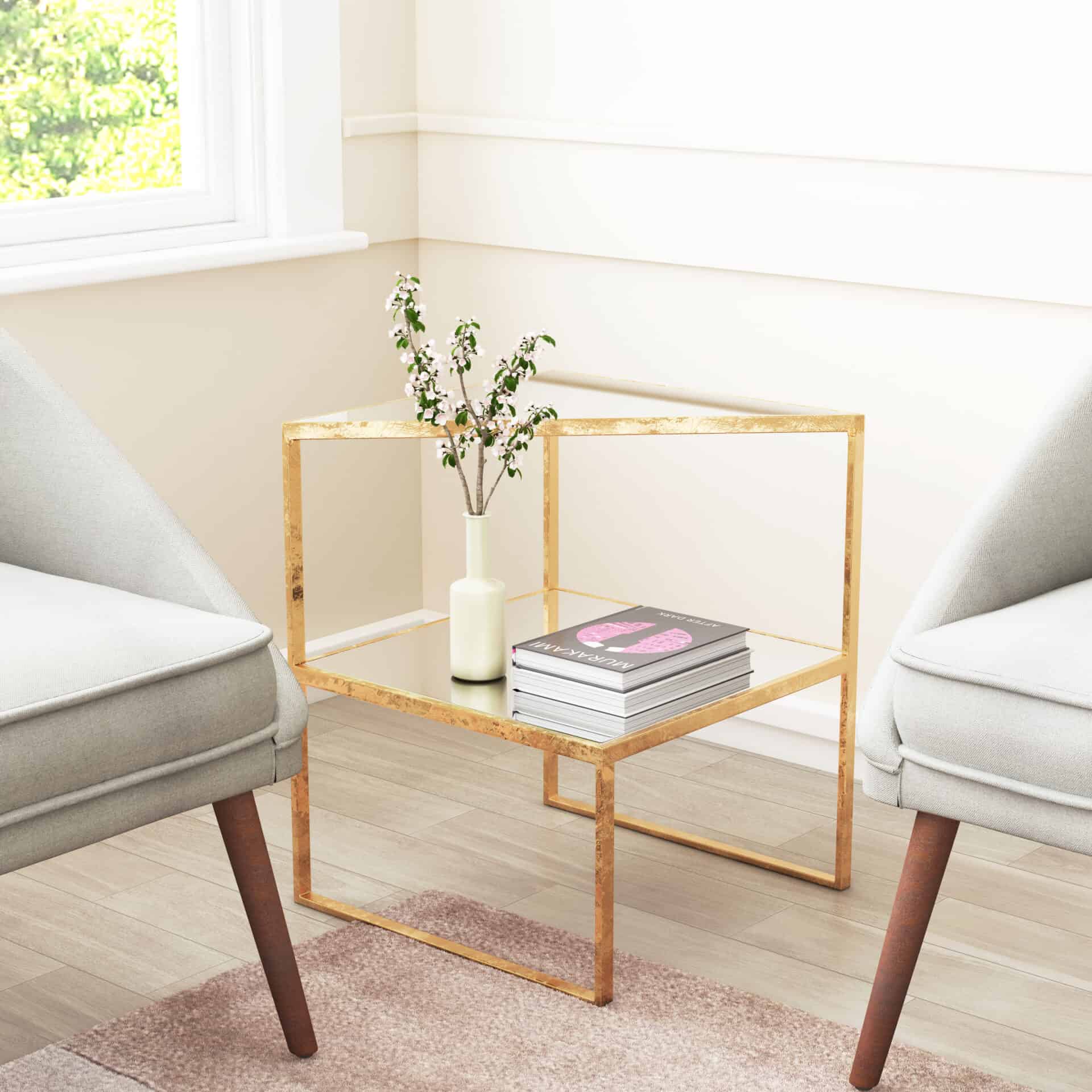 Gold Metal and Mirror Side Table with Bold Modern Design 1 Gold Metal and Mirror Side Table with Bold Modern Design