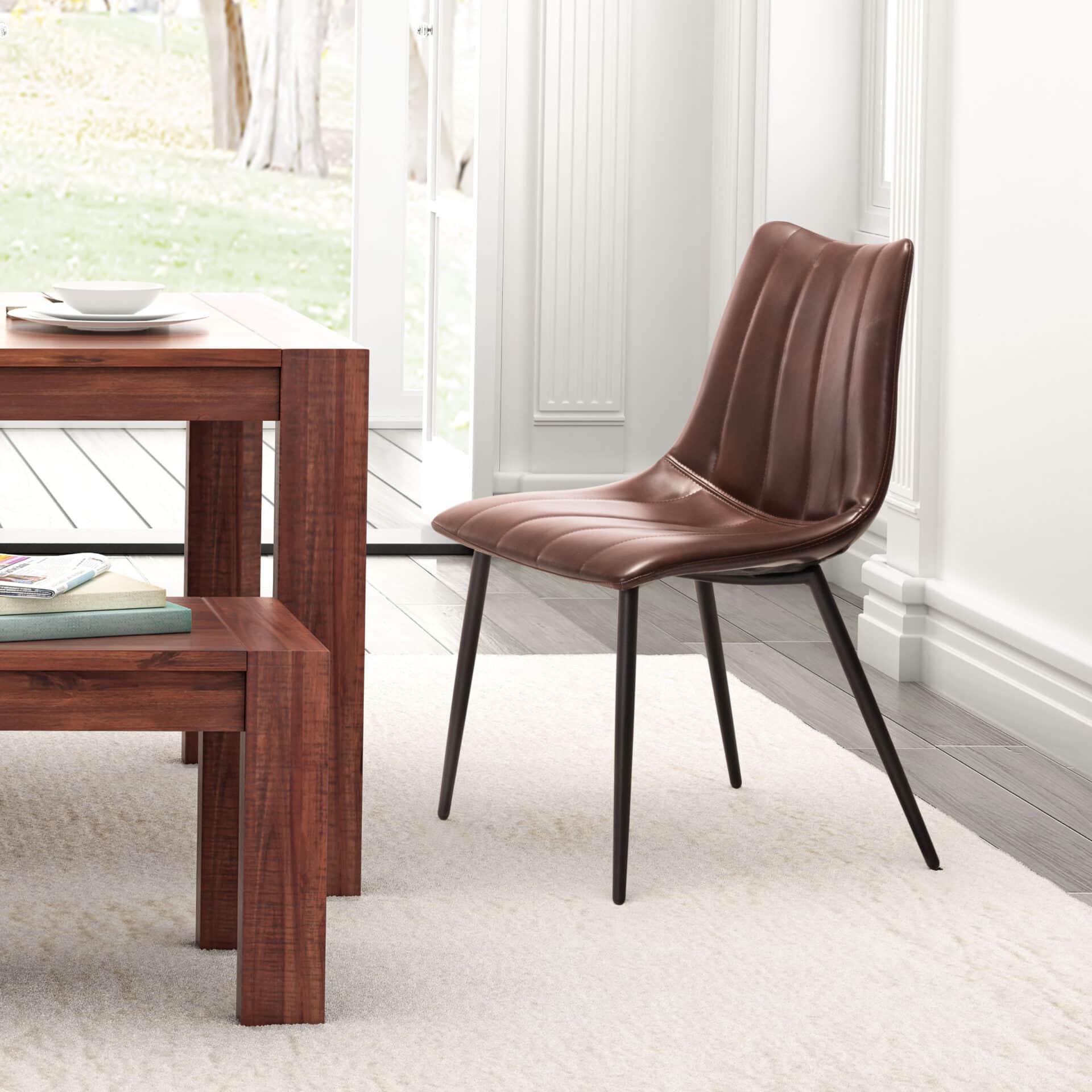 Brown Faux Leather Scoop Dining Chair with Tufted Seat (Set of 2) 1 Brown Faux Leather Scoop Dining Chair with Tufted Seat (Set of 2)