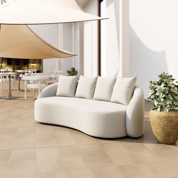 Beige Outdoor Sofa with Aluminum Frame and Weather Resistant Cushions
