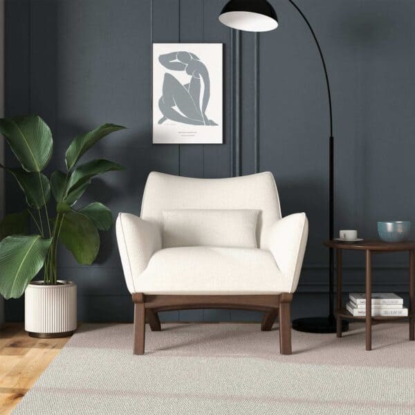 Mid Century Modern Beige Boucle Armchair With Wood Legs