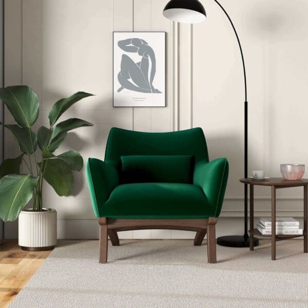 Green Velvet Mid Century Modern Armchair with Wood Legs