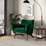 Green Velvet Mid Century Modern Armchair with Wood Legs
