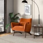 Orange Velvet Mid-Century Modern Armchair with Solid Wood Frame