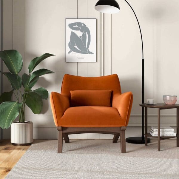Orange Velvet Mid-Century Modern Armchair with Solid Wood Frame