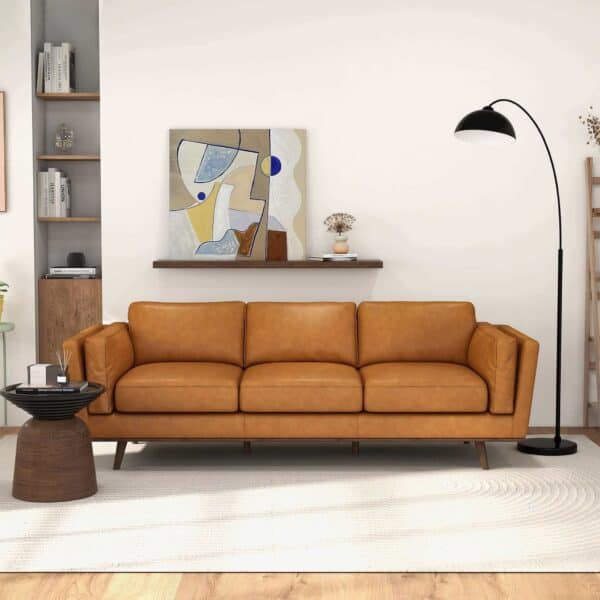 Tan Leather Mid Century Modern Sofa with Removable Legs