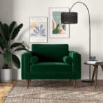 Green Velvet Mid-Century Modern Lounge Chair with Walnut Legs