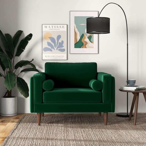Green Velvet Mid-Century Modern Lounge Chair with Walnut Legs