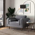 Grey Velvet Mid-Century Armchair with Walnut-Finished Legs