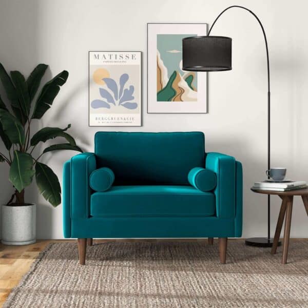 Teal Velvet Mid-Century Modern Lounge Armchair with Walnut Legs