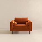 Orange Velvet Mid-Century Modern Lounge Chair with Walnut Legs