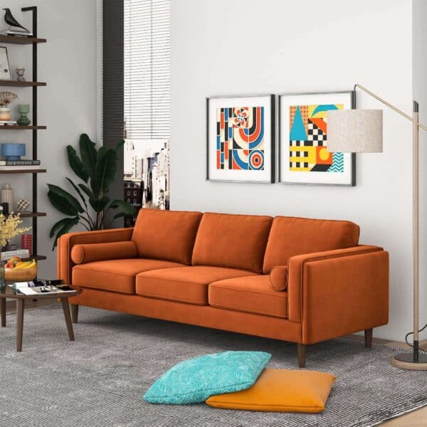 Orange Velvet Mid Century Modern Sofa with Removable Legs