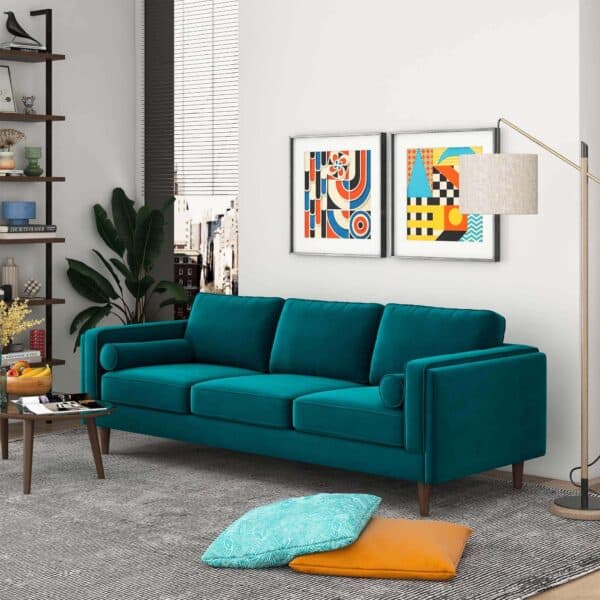 Teal Velvet Mid Century Modern Amber Sofa