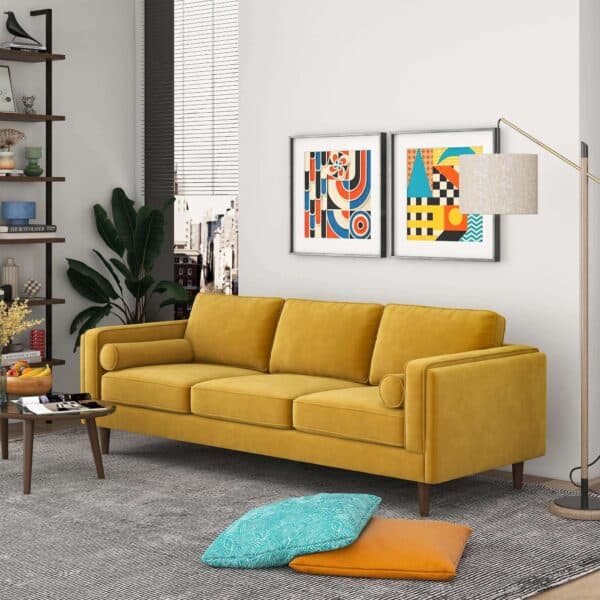 Yellow Velvet Mid Century Modern Sofa with Removable Legs